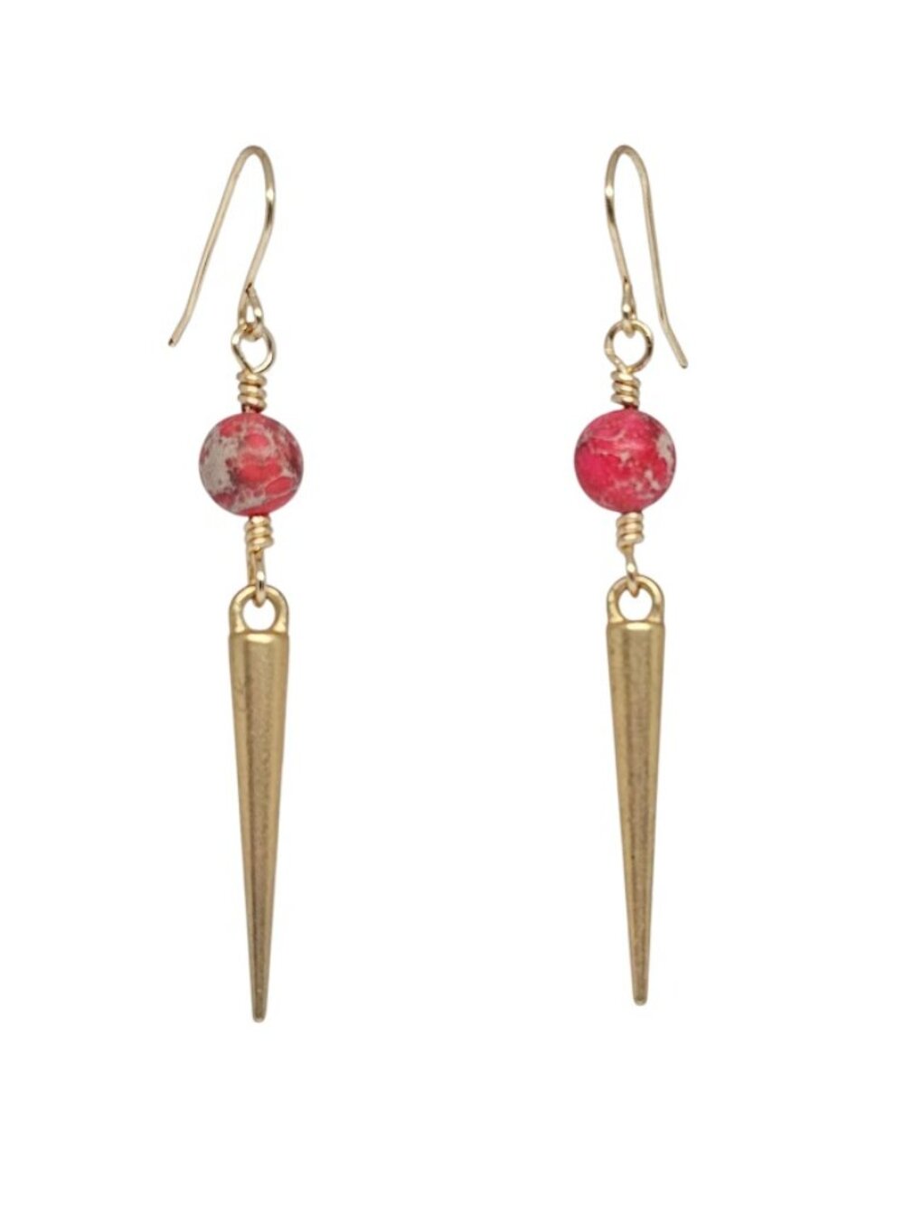 Pink Imperial Jasper Spike Dangle Earrings Gold Tone Handmade Boho Drop